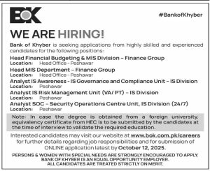 Bank of Khyber Jobs October 2025: Multiple Vacancies in Finance & IT in Peshawar