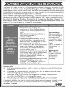 Career Opportunity Unit Head Debt Capital Markets & Syndication The Bank of Punjab