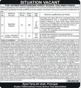 Khyber Pakhtunkhwa Forest School Abbottabad Jobs 2025 – Apply Online via ETEA